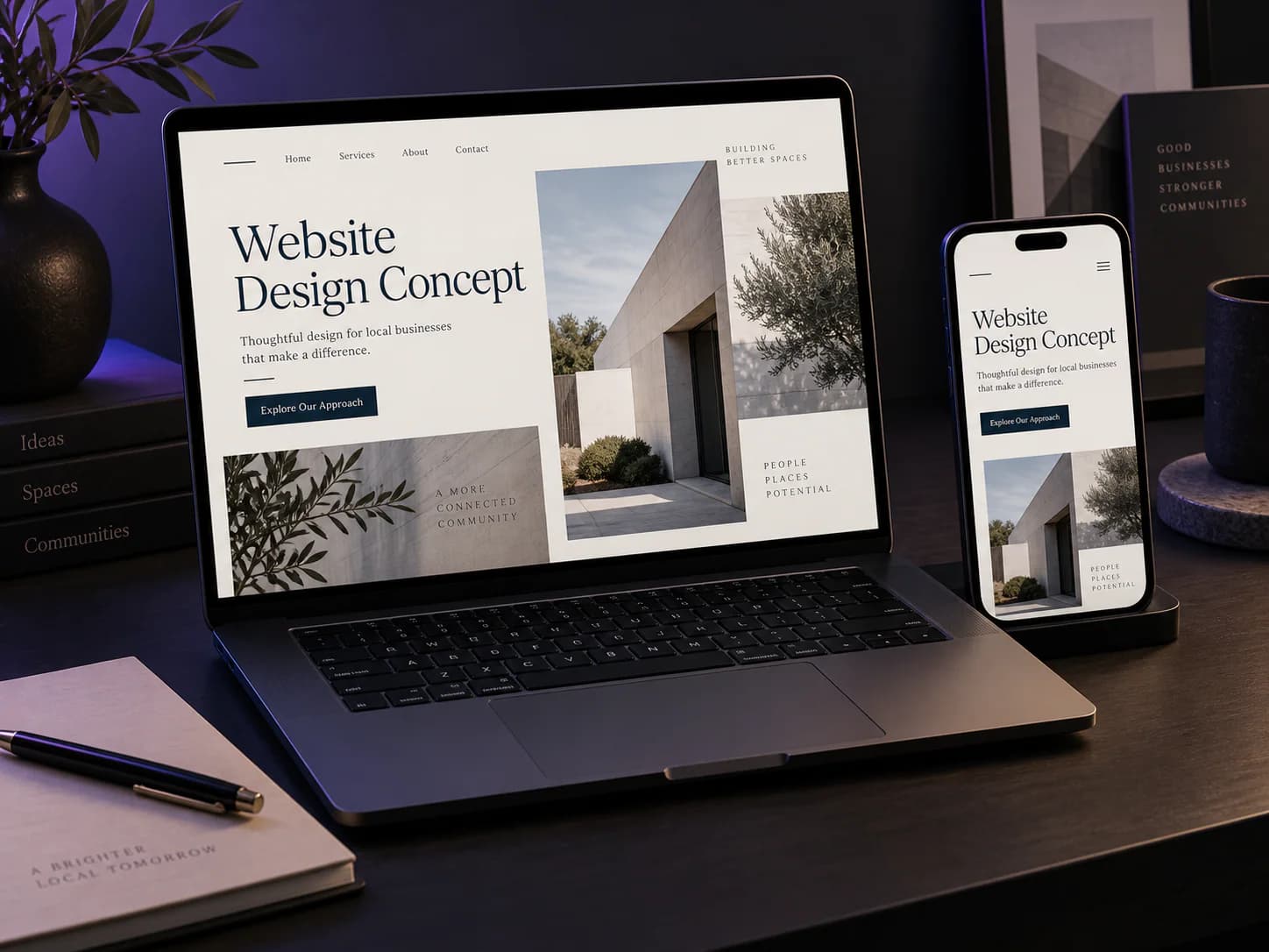 Website design concept shown across desktop and mobile screens