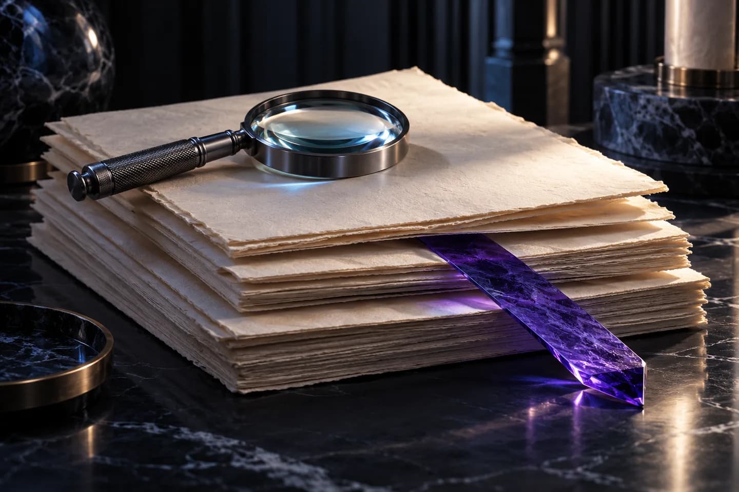 Ivory editorial pages, a precision magnifying lens and a violet bookmark.