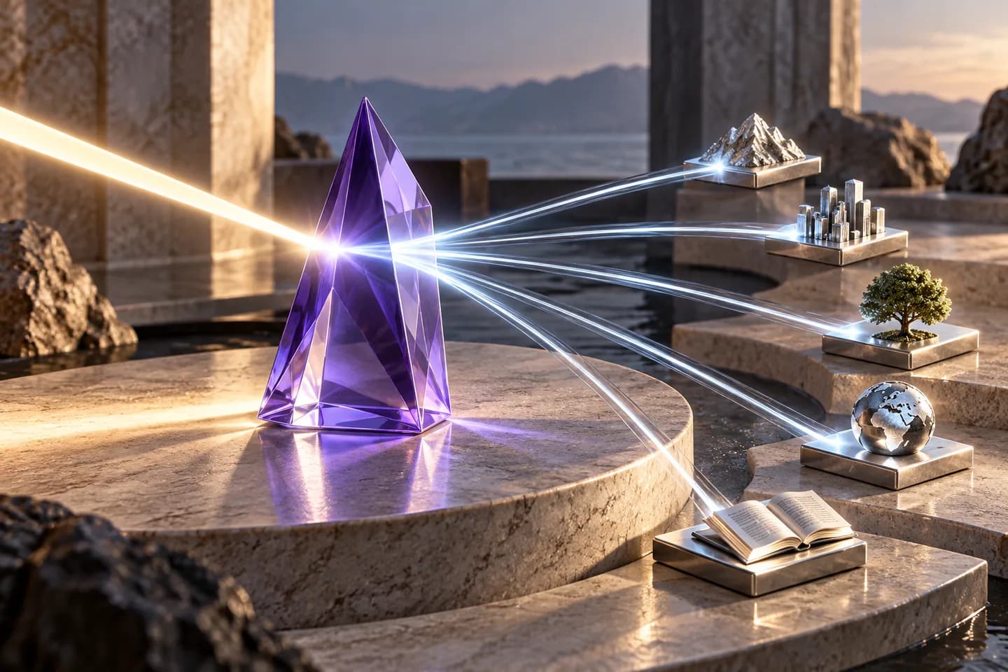 A violet prism connects distinct source tablets through delicate silver filaments.
