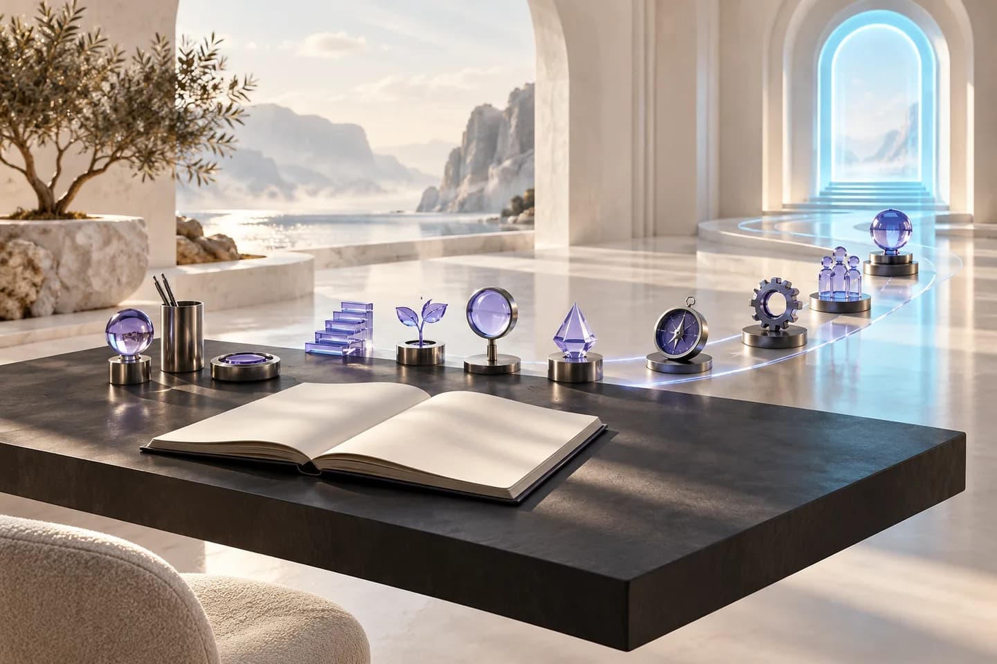 An ivory learning workspace with nine distinct study objects and a luminous violet pathway.
