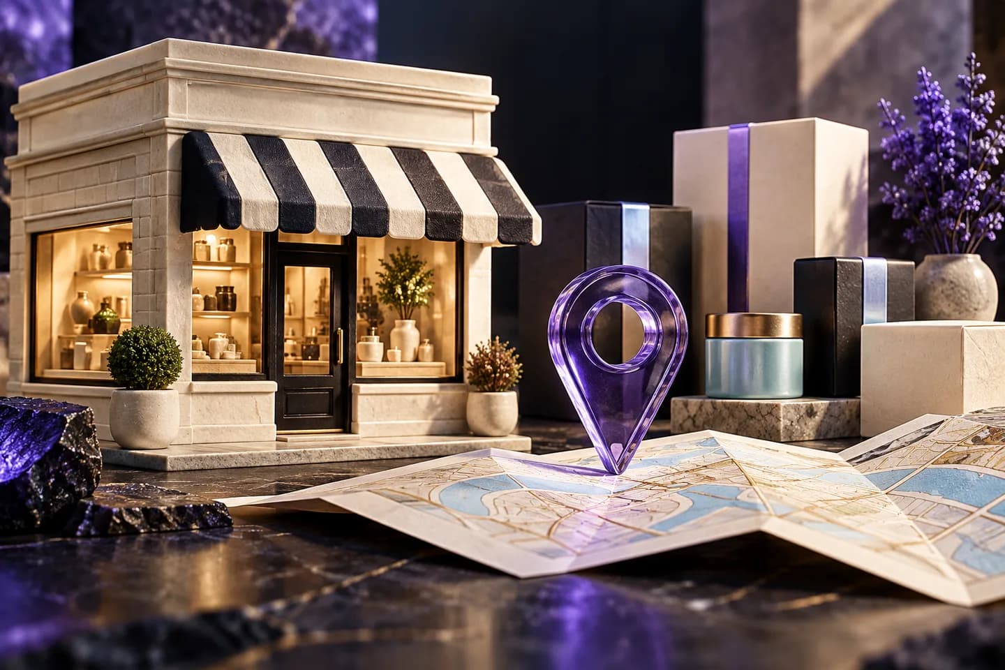 An ivory miniature storefront, product packages and a violet location marker.