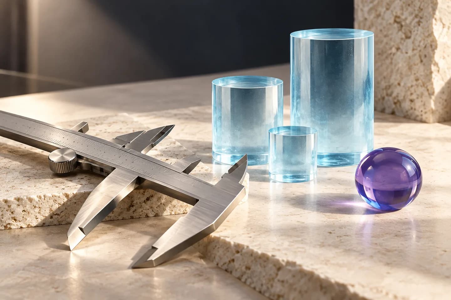 Precision calipers and differently sized ice-blue cylinders represent careful measurement.