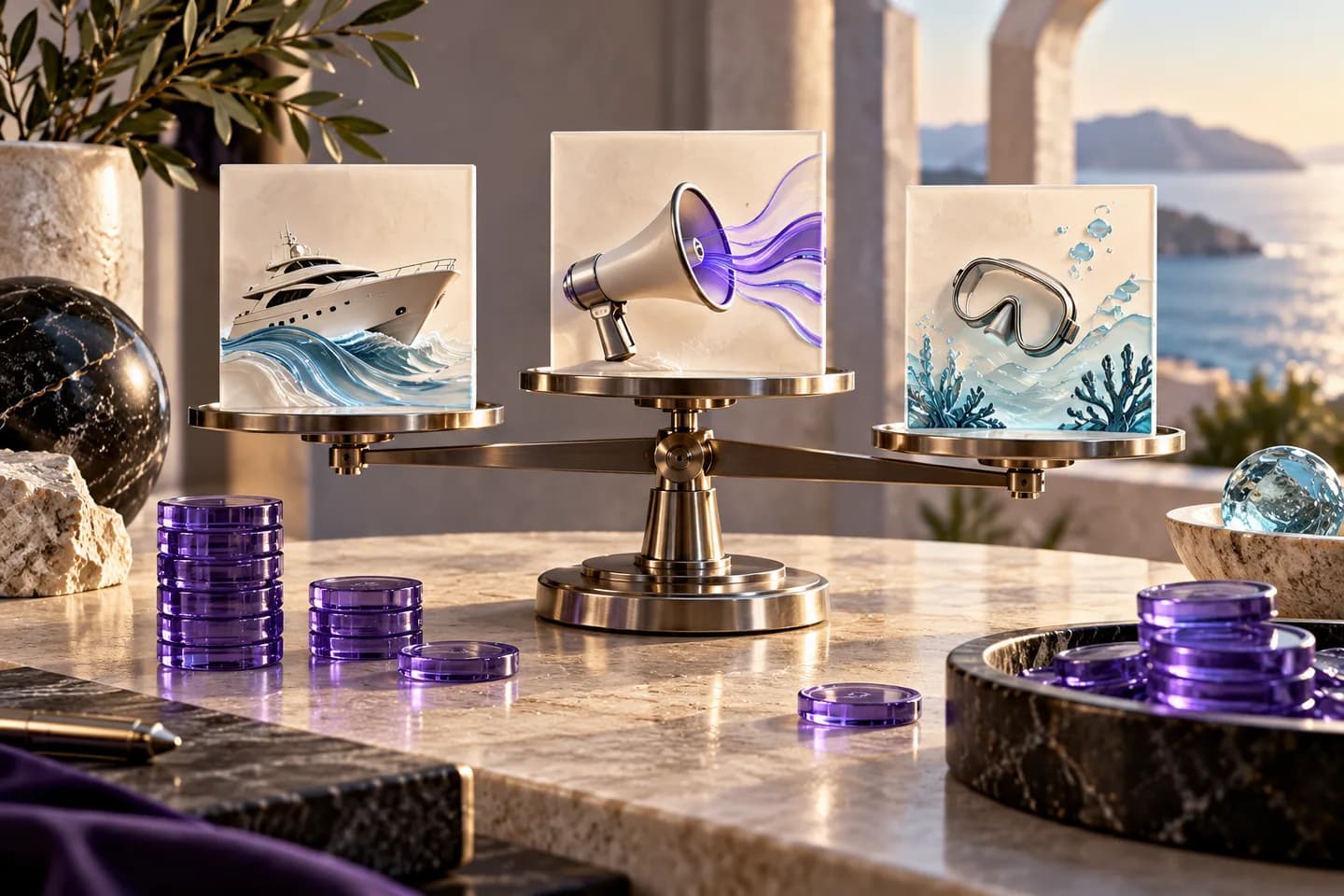 A brushed-metal balance, ivory campaign cards and translucent violet budget tokens.