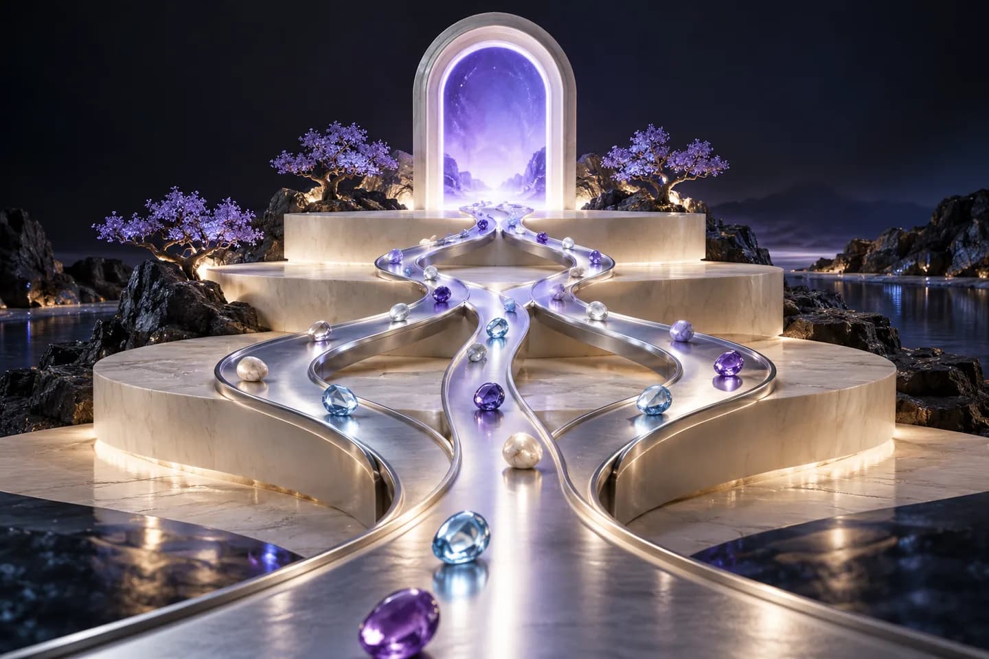 Sculptural ivory search paths climb toward a violet architectural doorway.