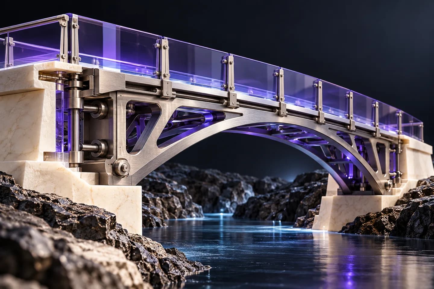 A cutaway titanium bridge with visible violet glass joints and precise connections.