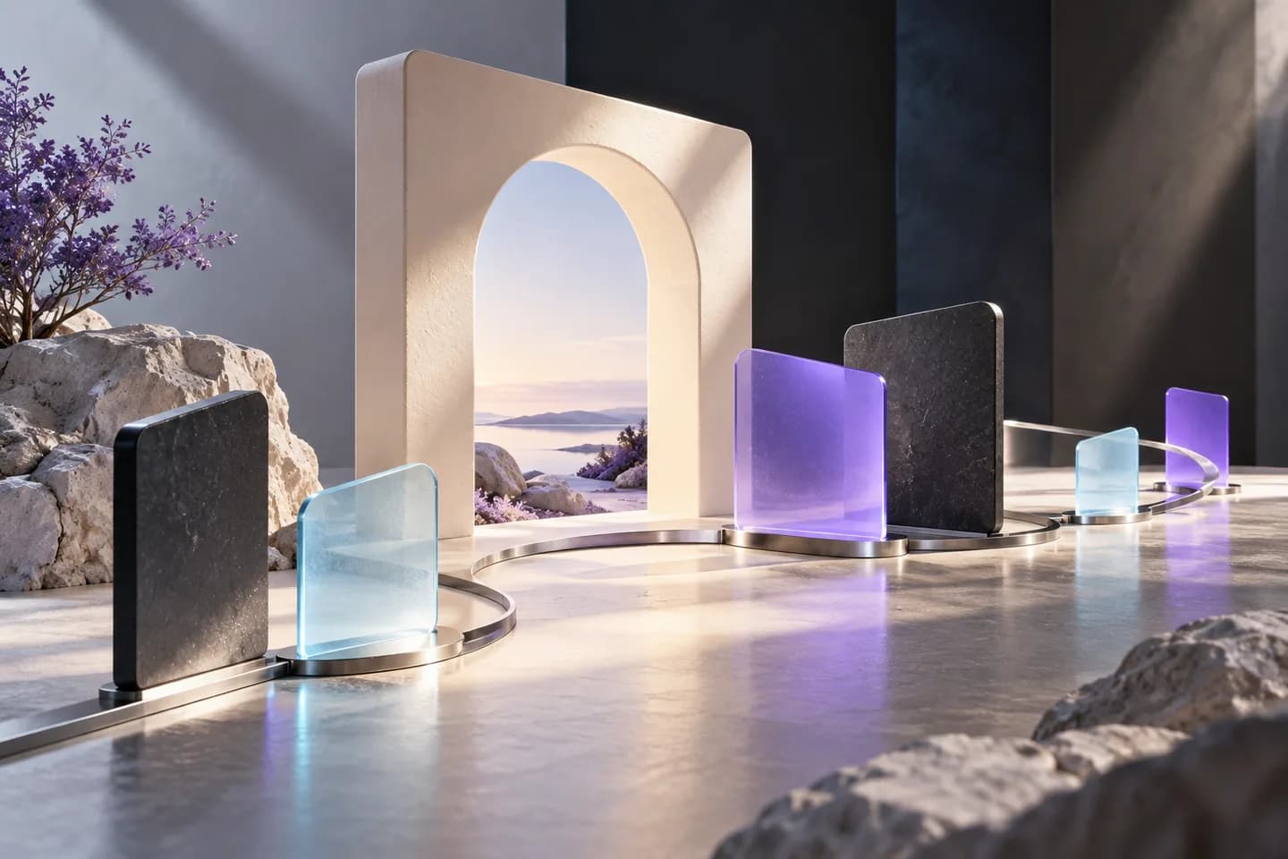Architectural ivory windows and graphite screen forms connected by a silver visitor path.