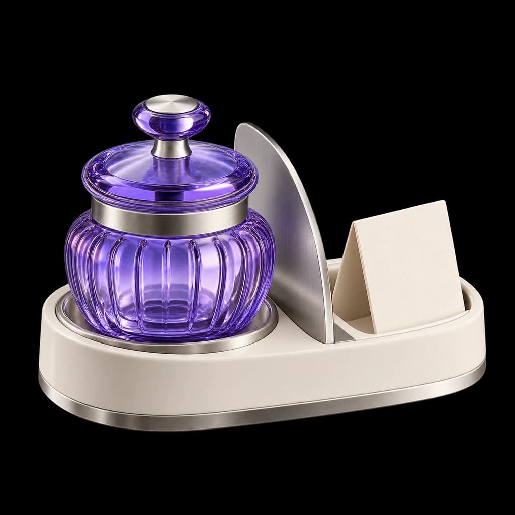 An ivory product-information stand with a violet glass sample vessel, a folded location card and a silver divider.