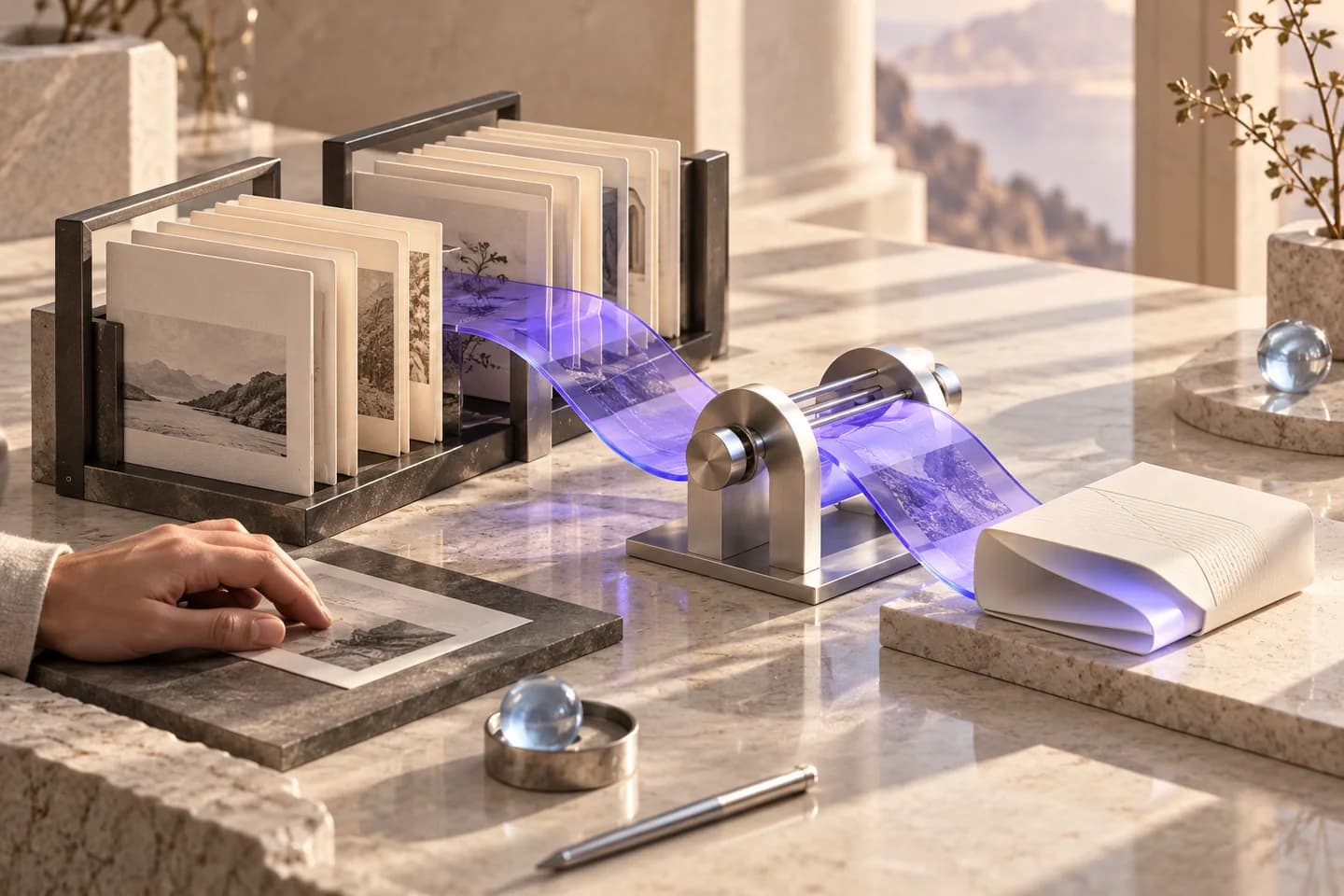 An ivory drafting ribbon passes through graphite source frames and a silver human-review cradle.