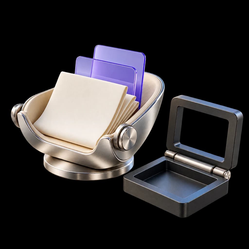 A silver review cradle holds an ivory folded draft beside violet source strips and a graphite approval frame.