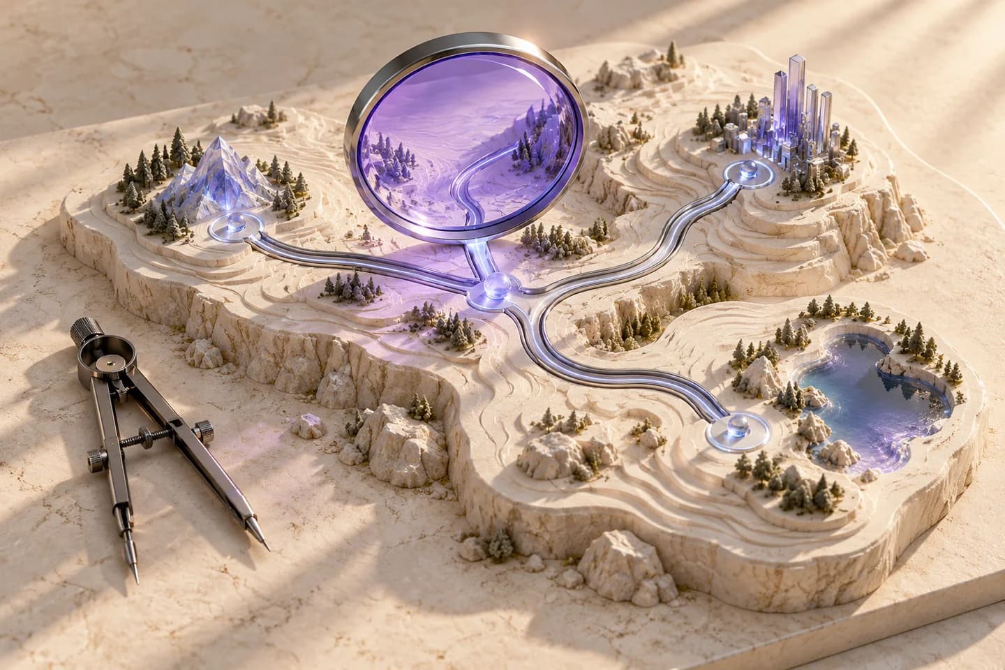 A violet survey lens reveals branching silver routes through a sculptural ivory landscape.