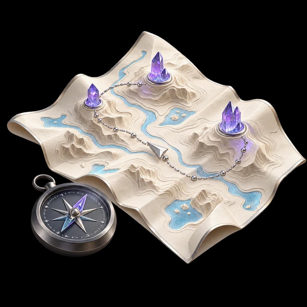A folded ivory site map with distinct violet destinations and a silver route marker.