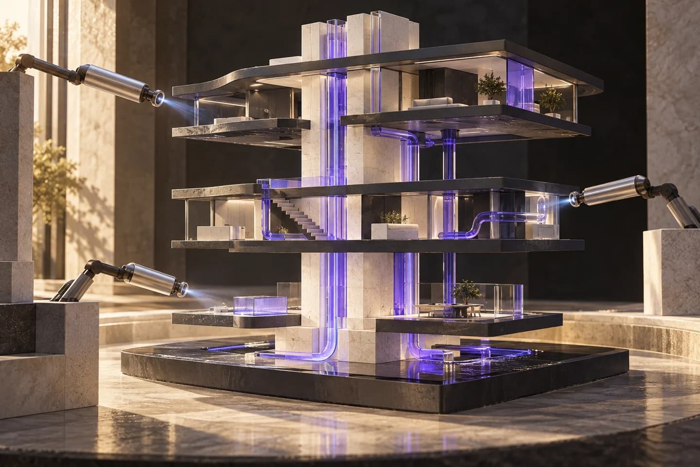 An exploded graphite architectural model with separate violet conduits and silver diagnostic probes.