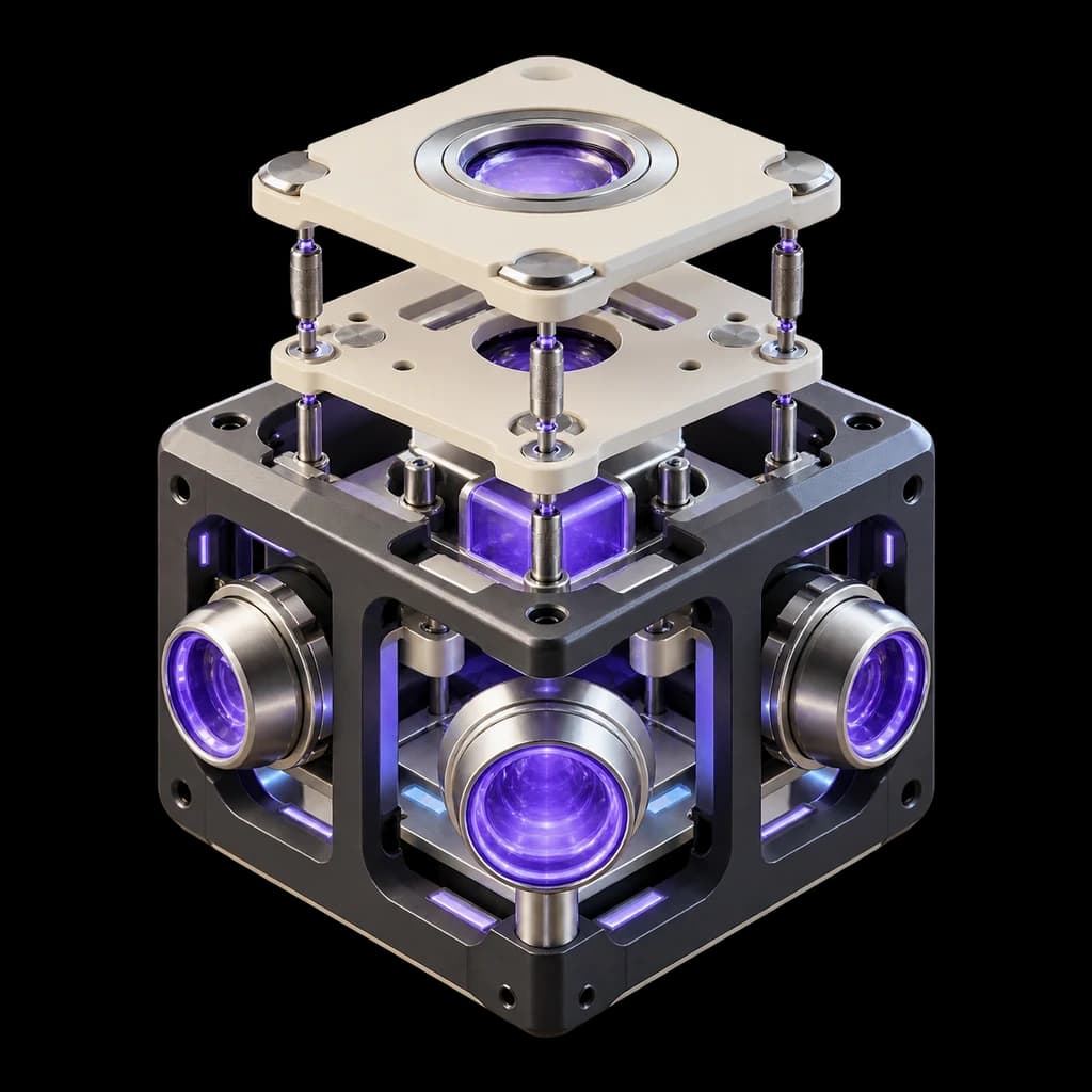 An open graphite diagnostic cube with three separate violet connection ports and ivory inspection plates.