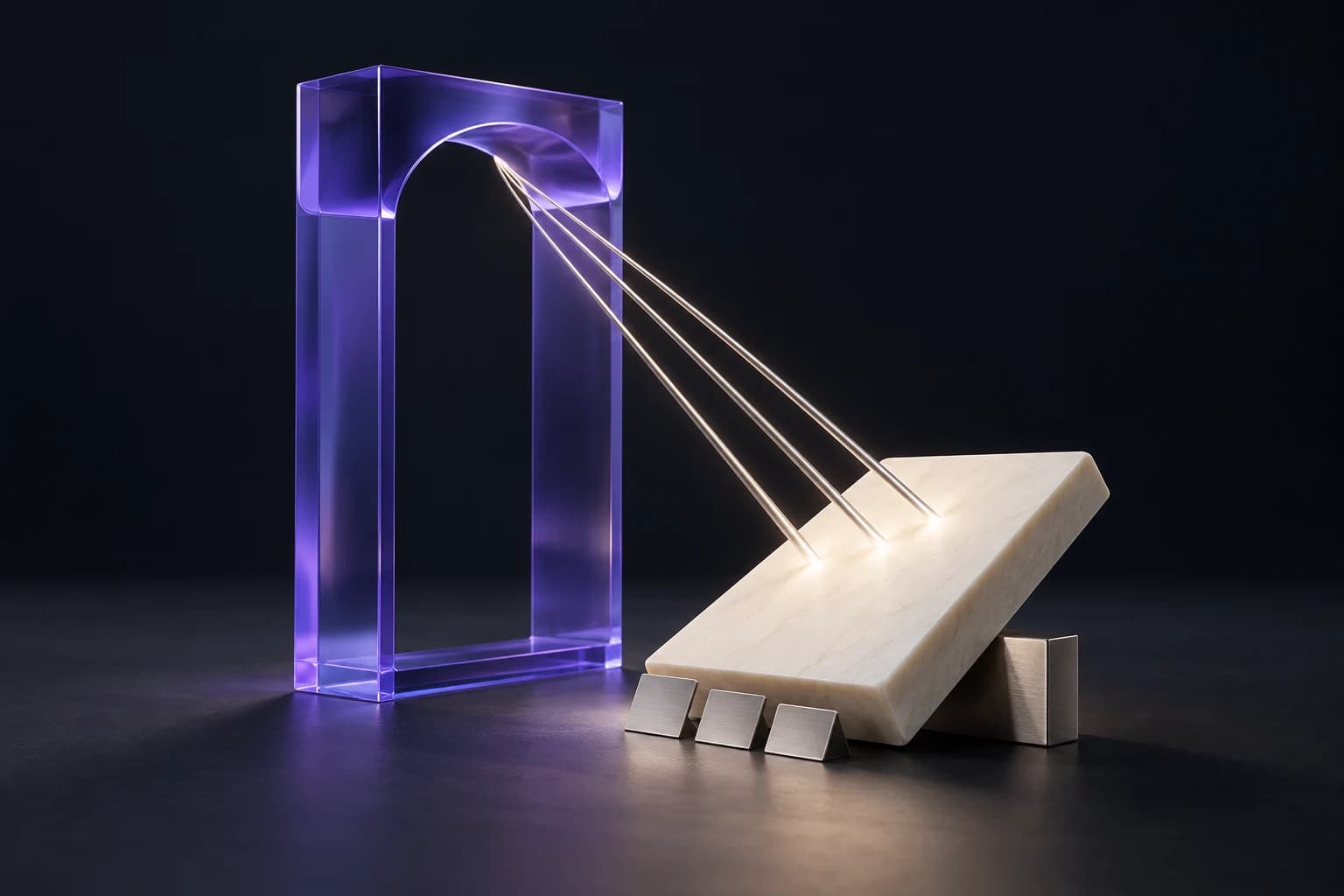 An open violet optical reading frame focusing three separate channels on an ivory source tablet