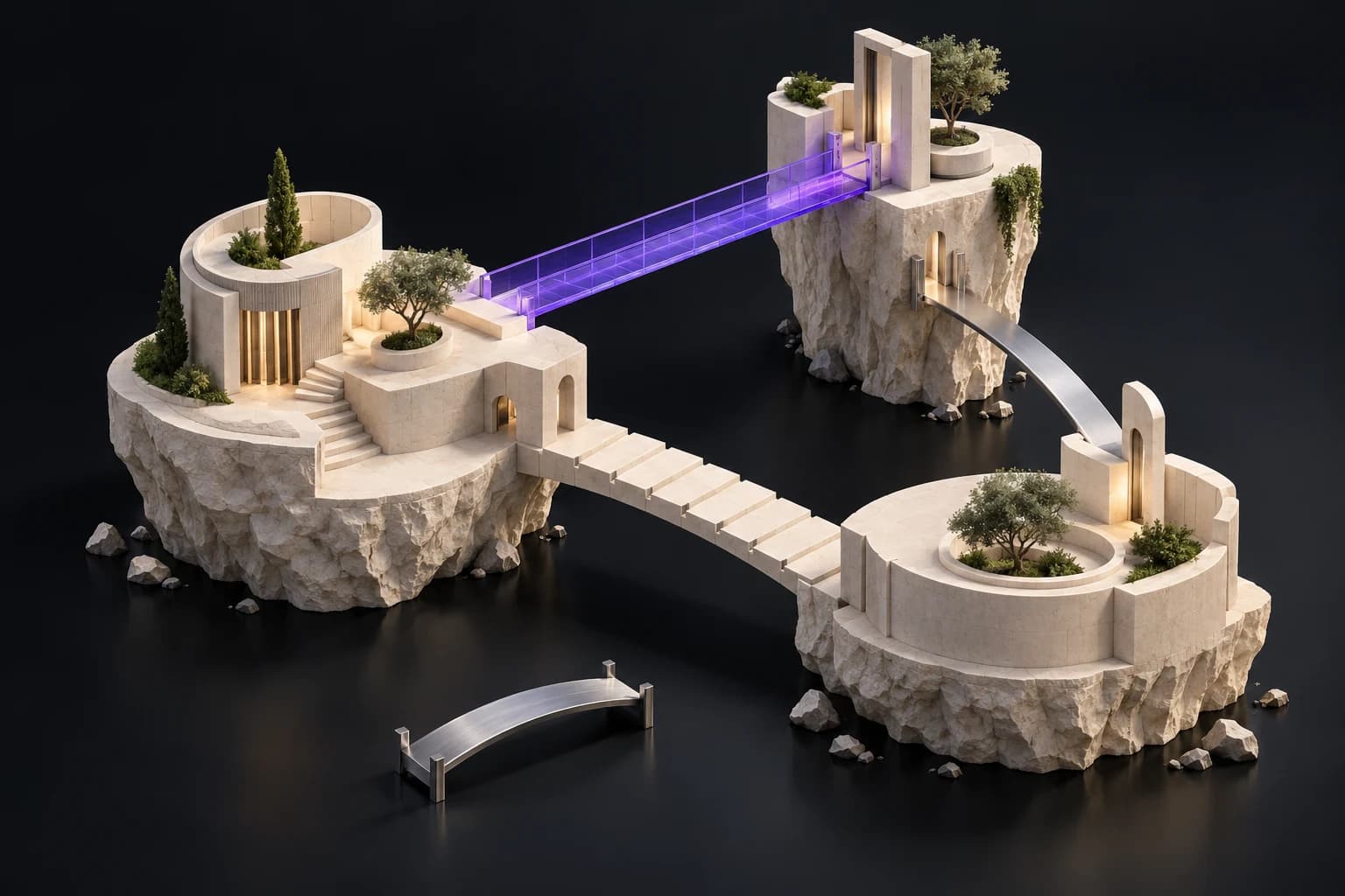 Ivory architectural islands joined by individual violet and titanium bridges