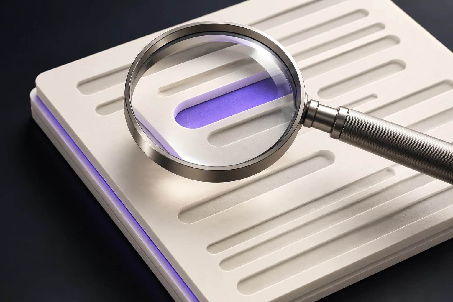 A titanium inspection lens above an ivory architectural page with violet layered edges
