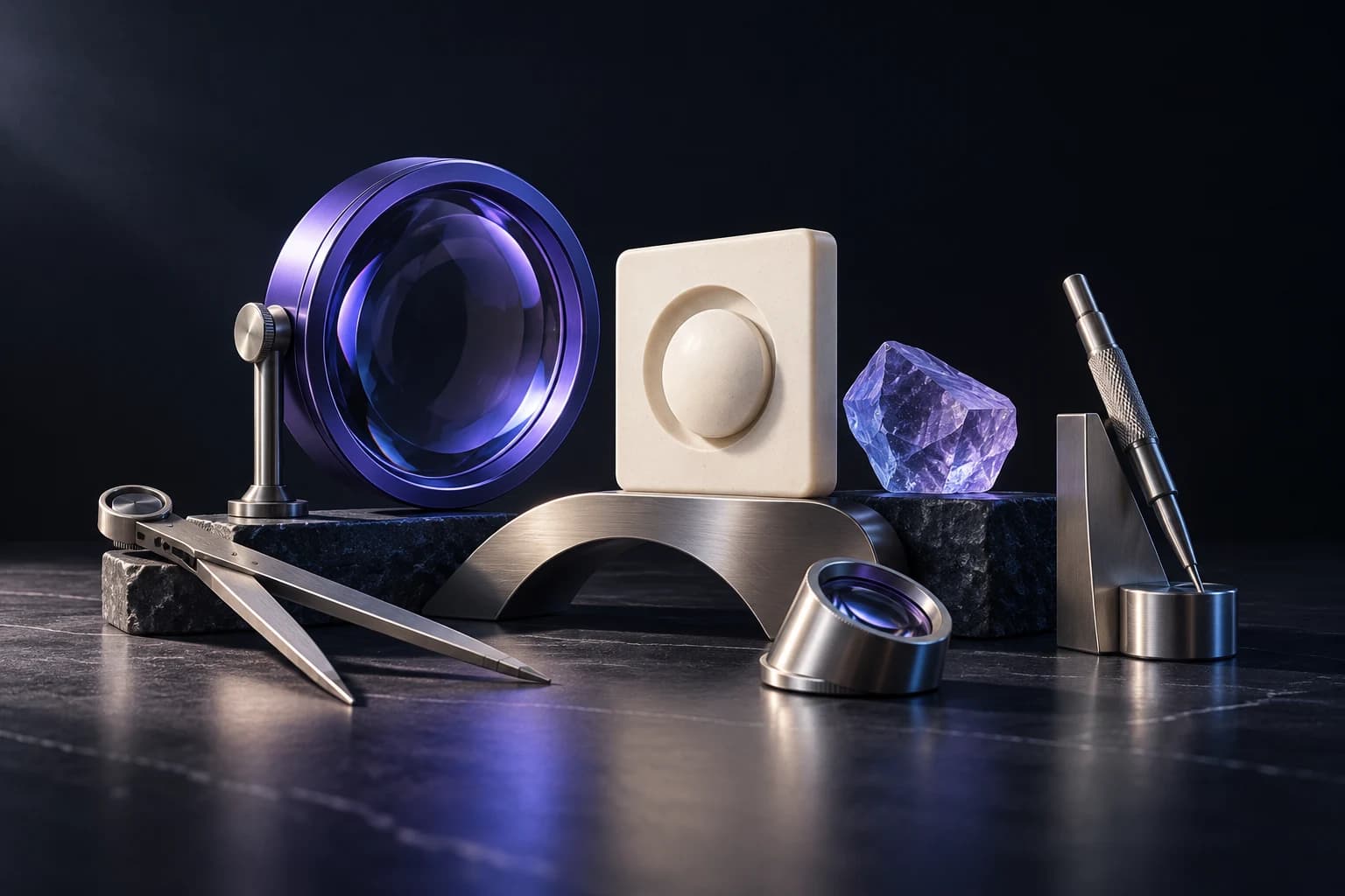 Sculptural search instruments arranged on a graphite workbench in ivory, violet glass and titanium