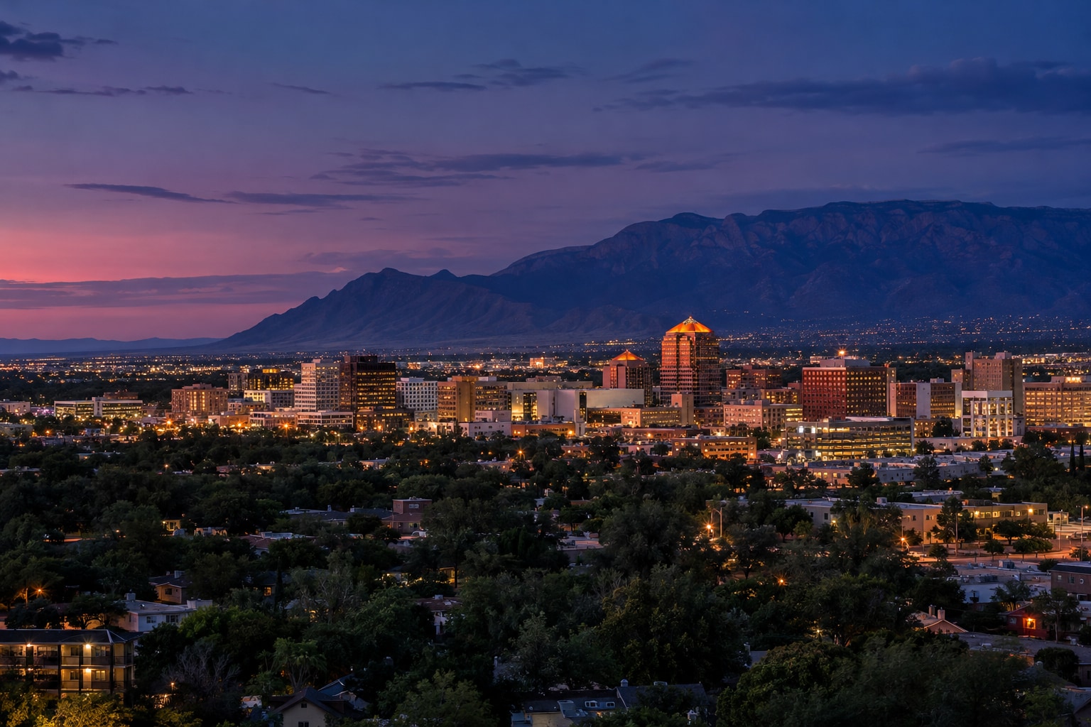 A generated photorealistic city view of Albuquerque, New Mexico