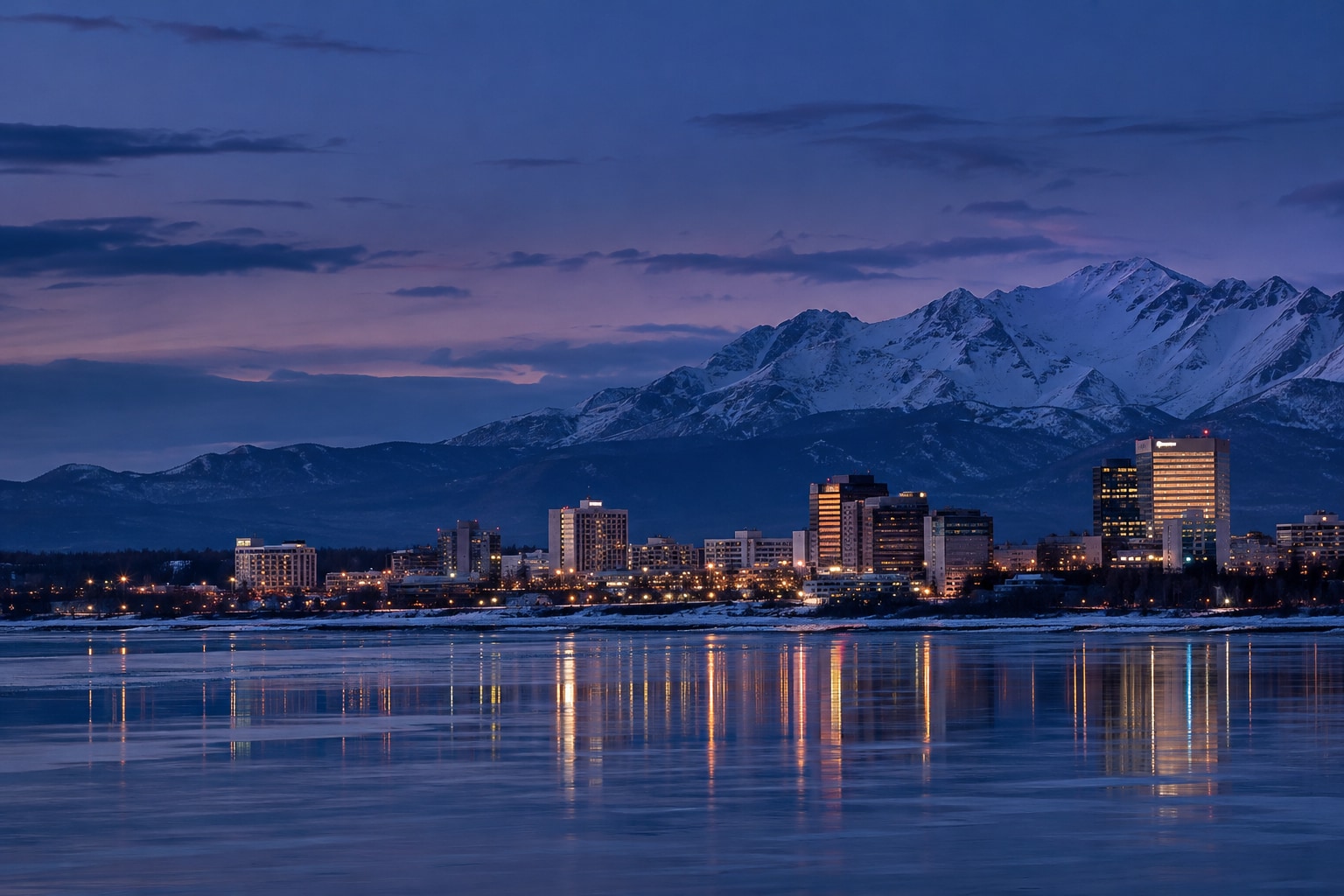 A generated photorealistic city view of Anchorage, Alaska