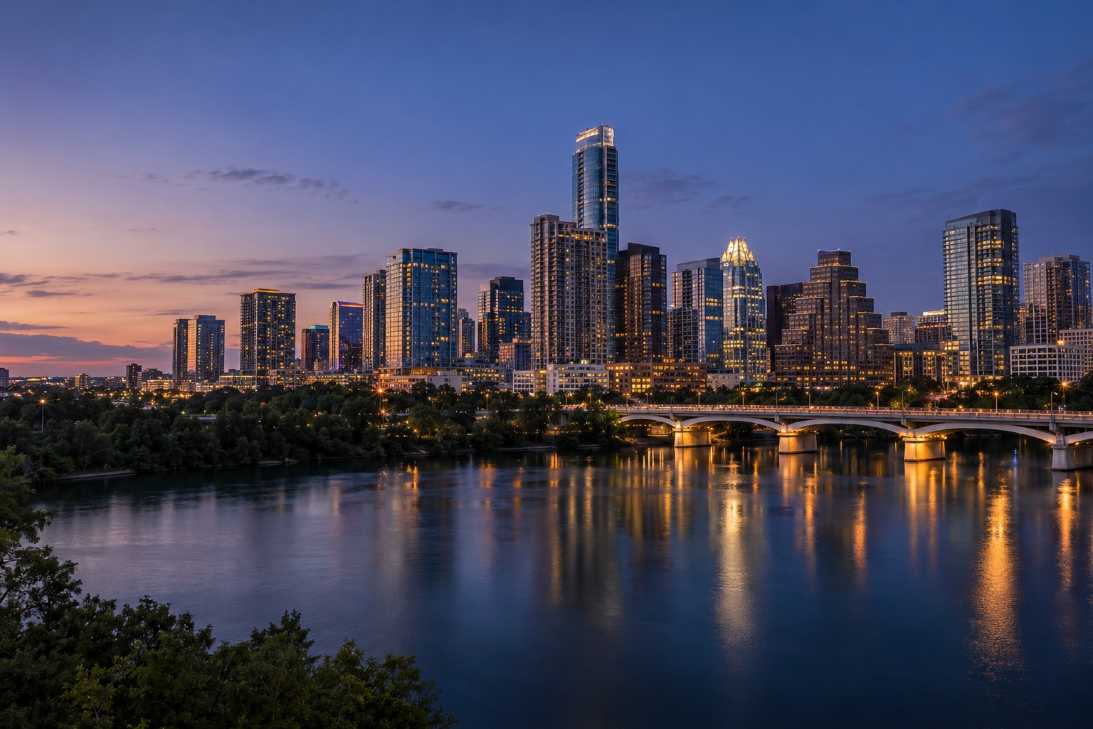 A generated photorealistic city view of Austin, Texas