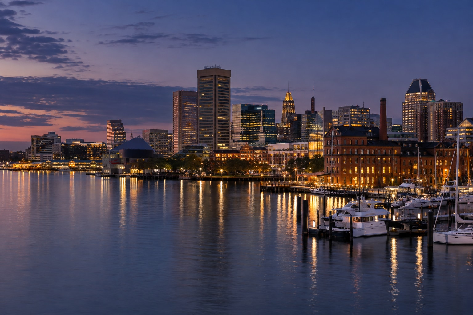 A generated photorealistic city view of Baltimore, Maryland