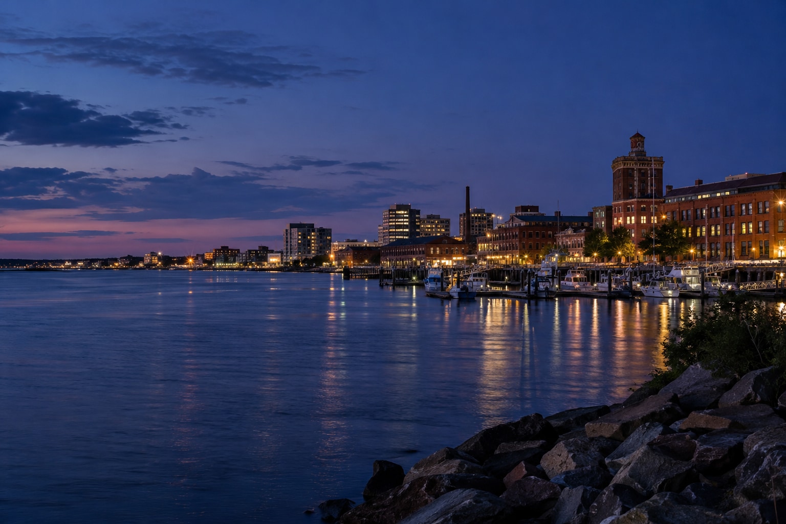 A generated photorealistic city view of Bridgeport, Connecticut