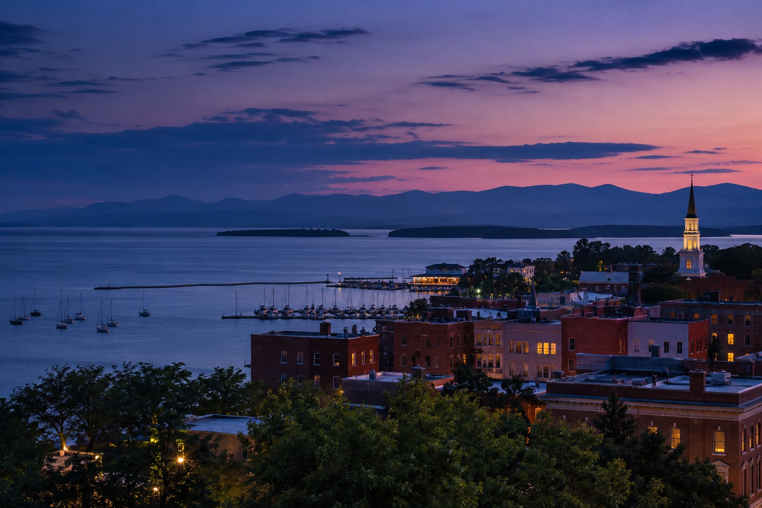 A generated photorealistic city view of Burlington, Vermont