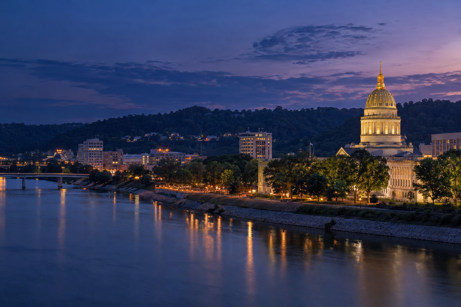 A generated photorealistic city view of Charleston, West Virginia