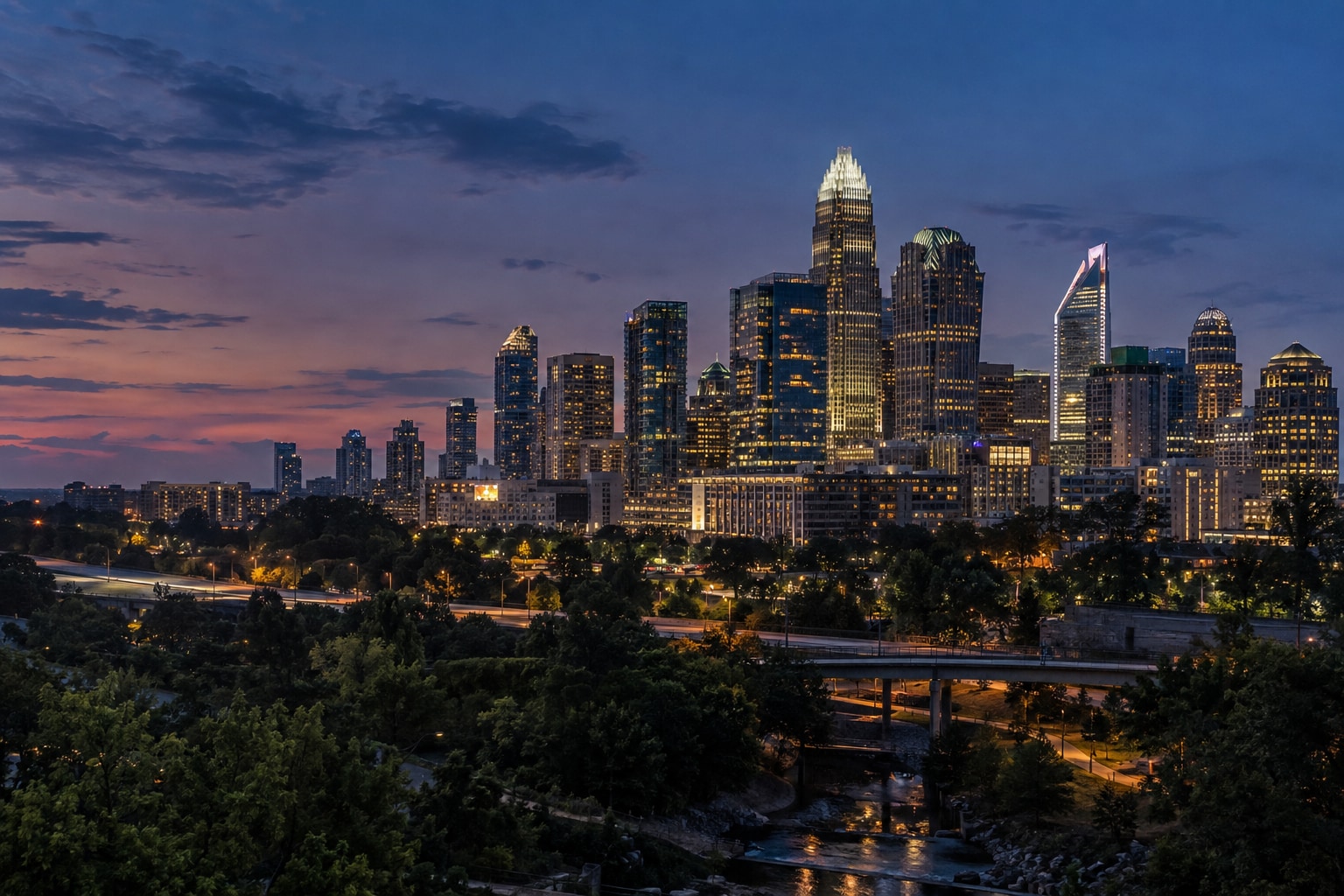 A generated photorealistic city view of Charlotte, North Carolina