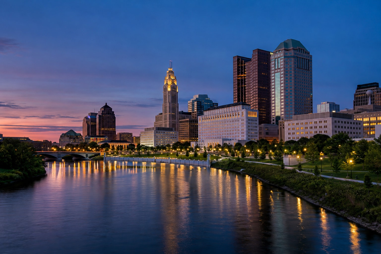 A generated photorealistic city view of Columbus, Ohio