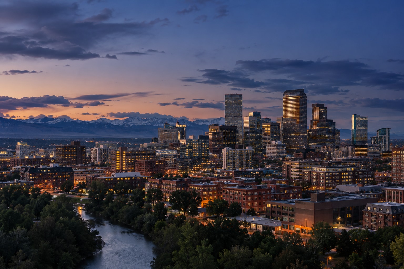 A generated photorealistic city view of Denver, Colorado
