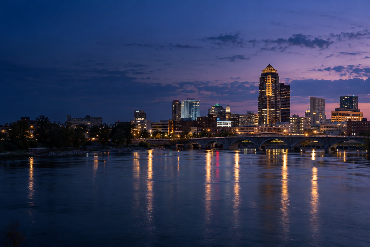 A generated photorealistic city view of Des Moines, Iowa