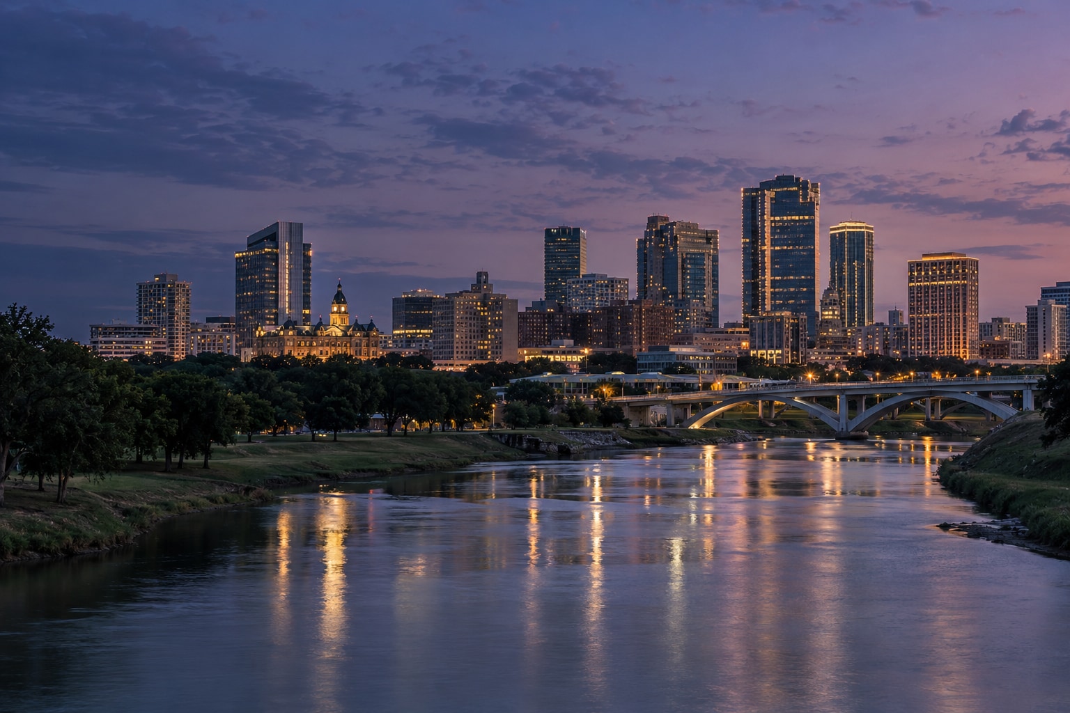 A generated photorealistic city view of Fort Worth, Texas
