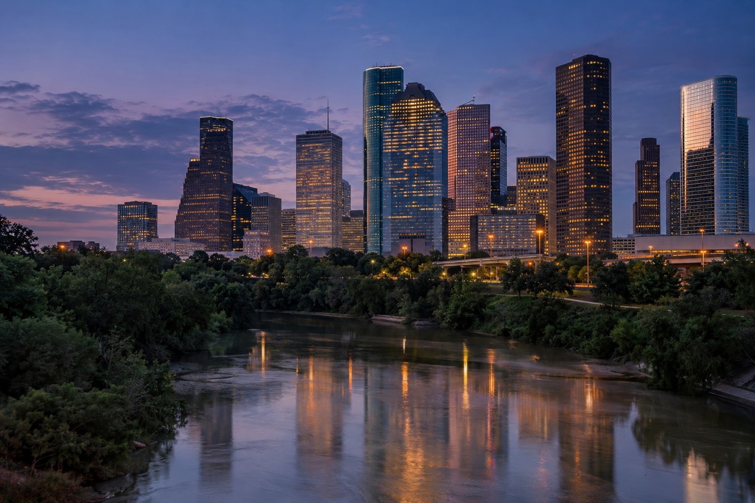 A generated photorealistic city view of Houston, Texas