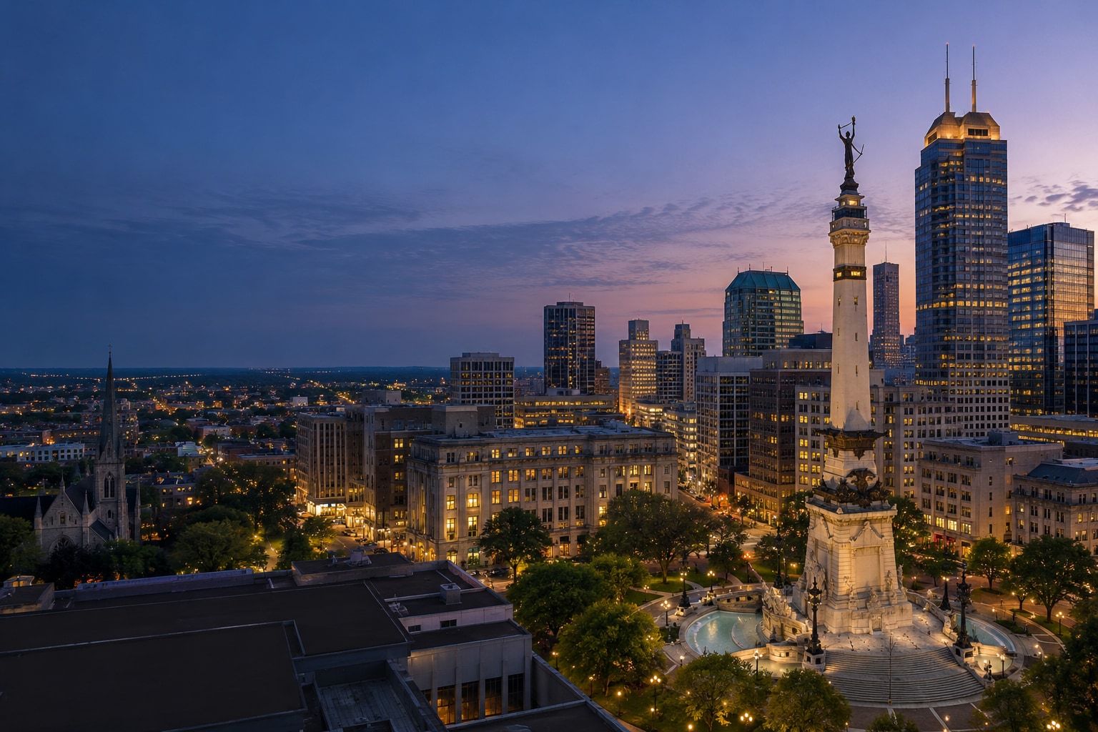 A generated photorealistic city view of Indianapolis, Indiana