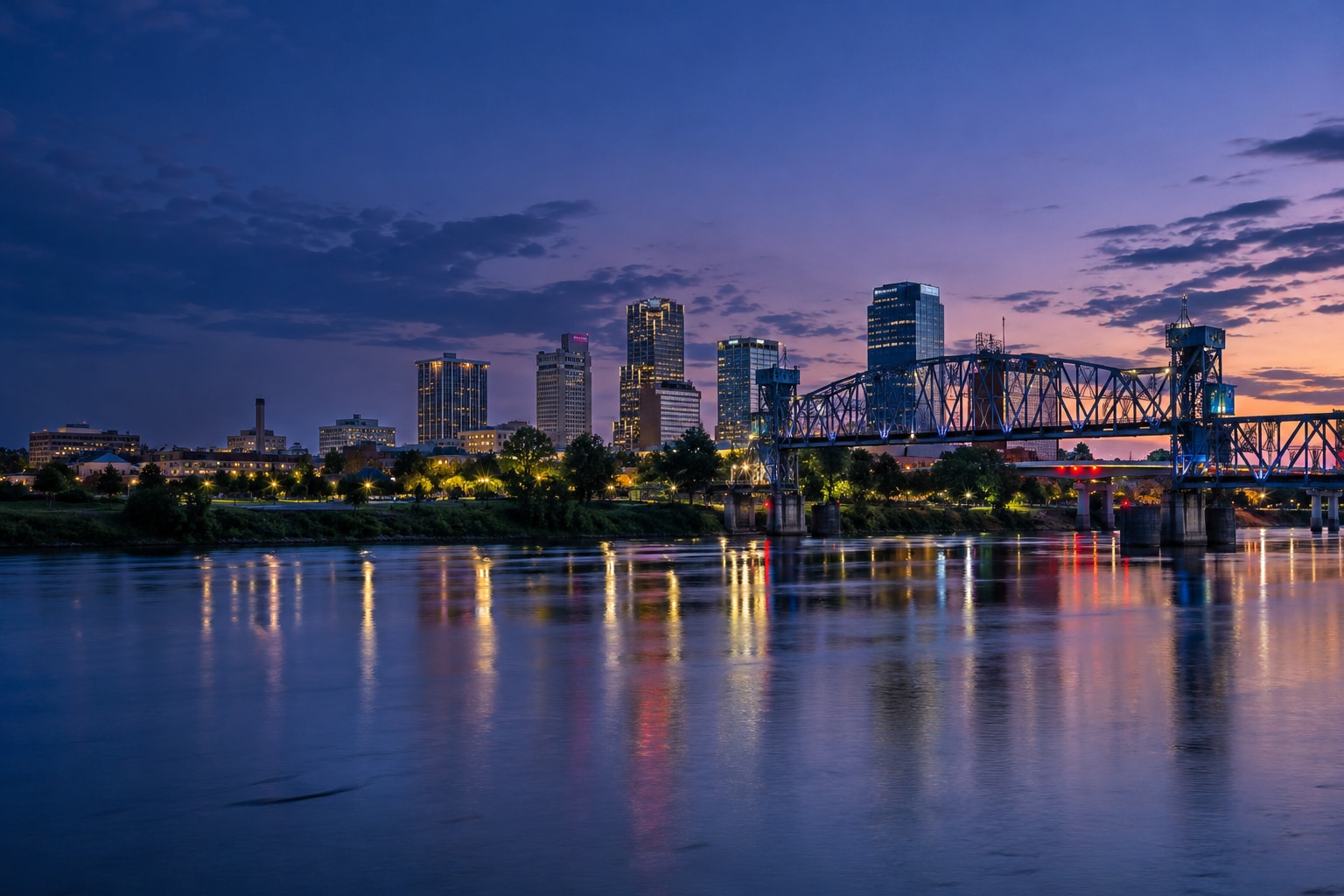 A generated photorealistic city view of Little Rock, Arkansas