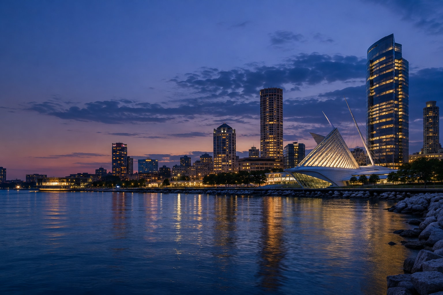 A generated photorealistic city view of Milwaukee, Wisconsin