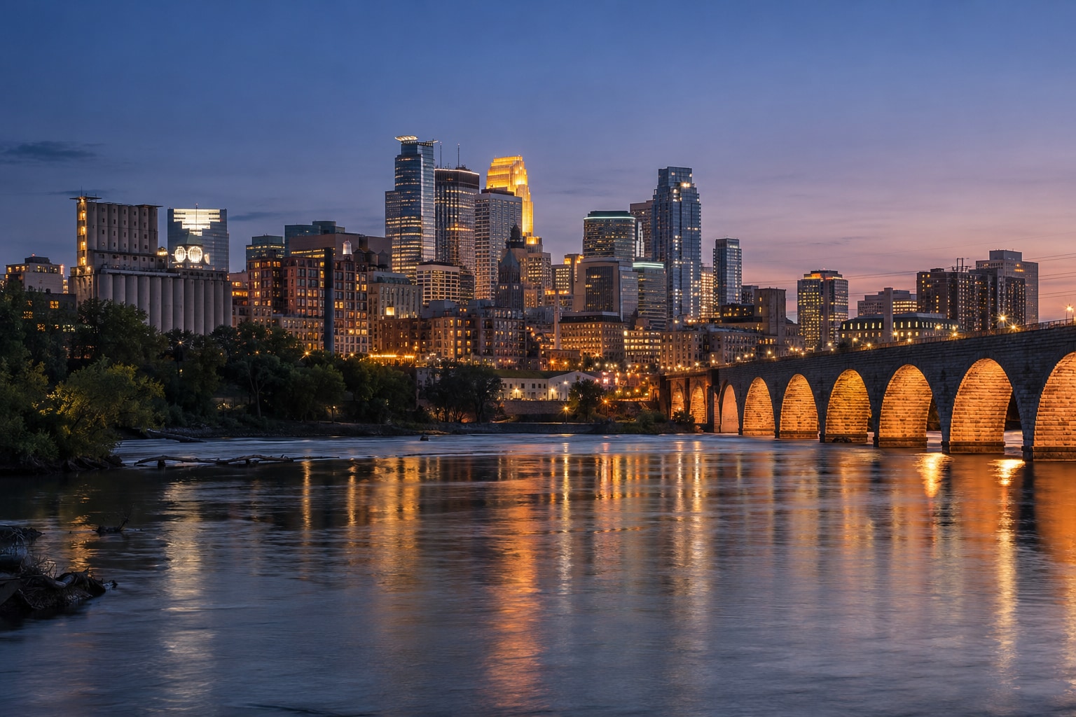 A generated photorealistic city view of Minneapolis, Minnesota