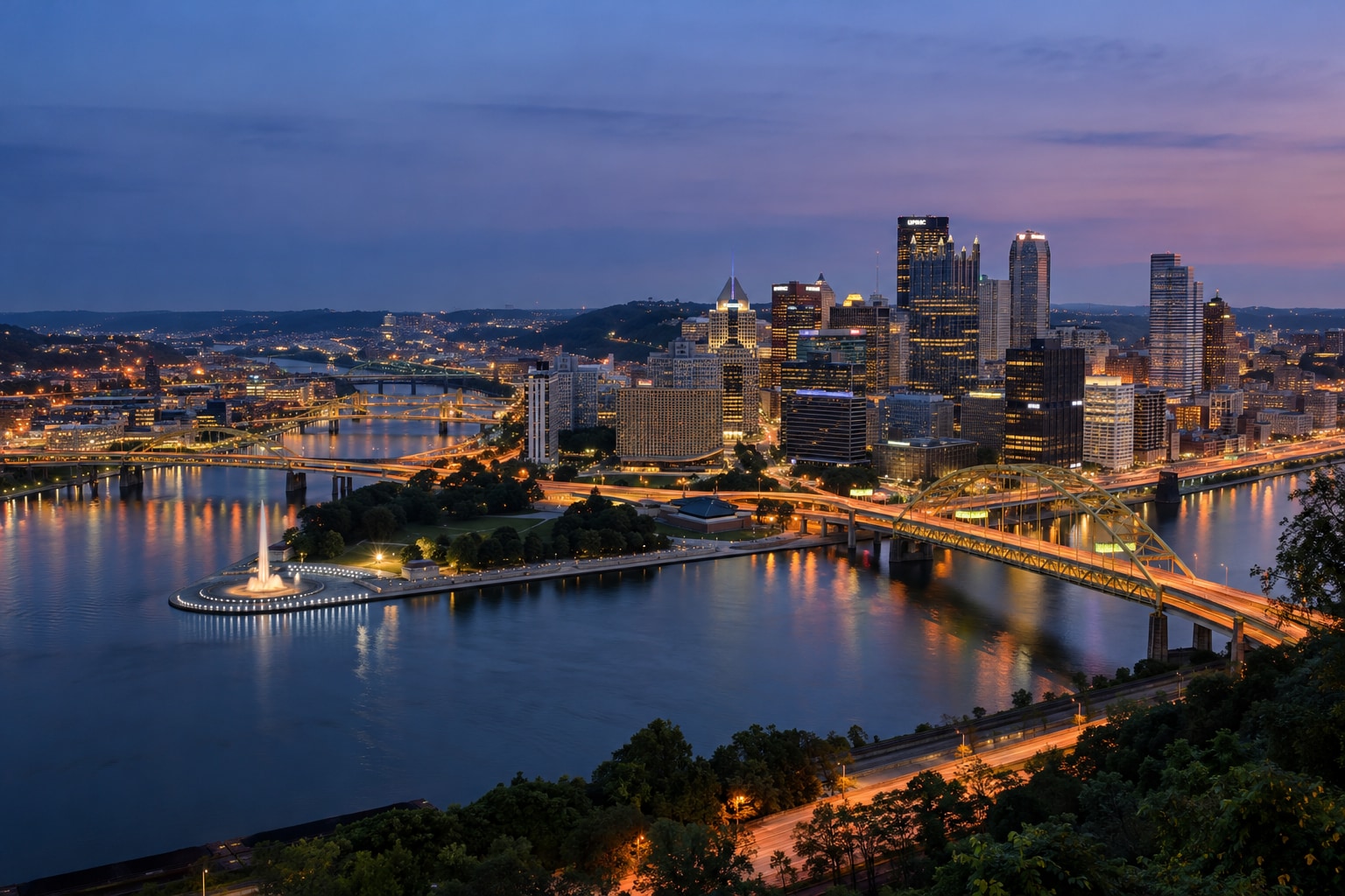 A generated photorealistic city view of Pittsburgh, Pennsylvania