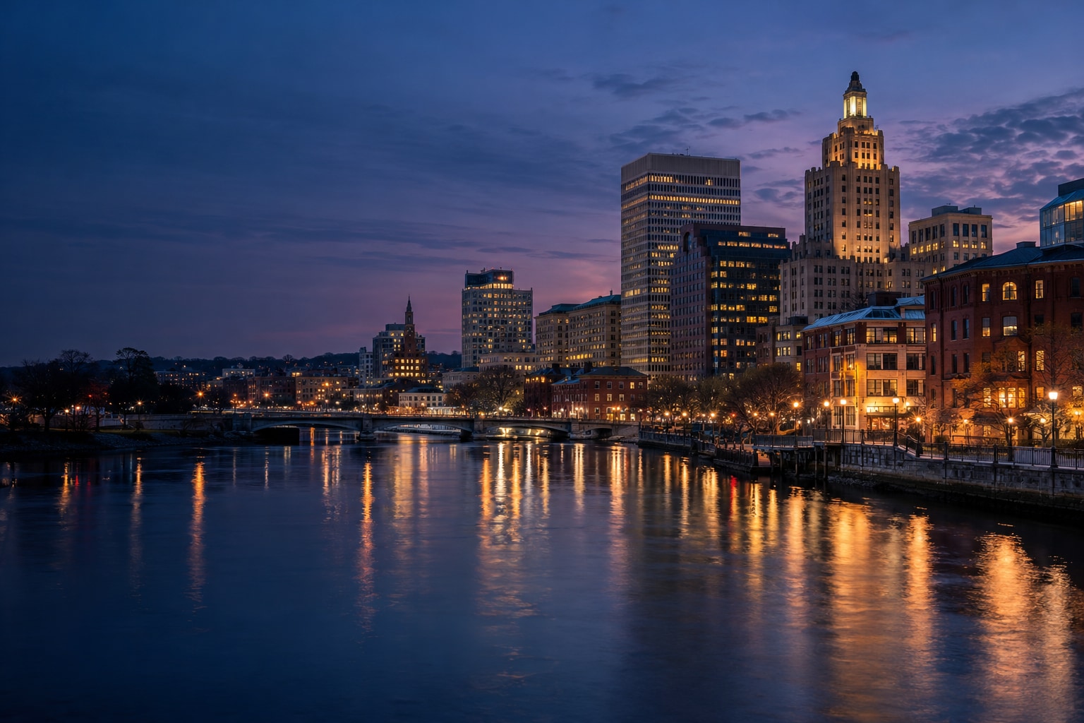 A generated photorealistic city view of Providence, Rhode Island