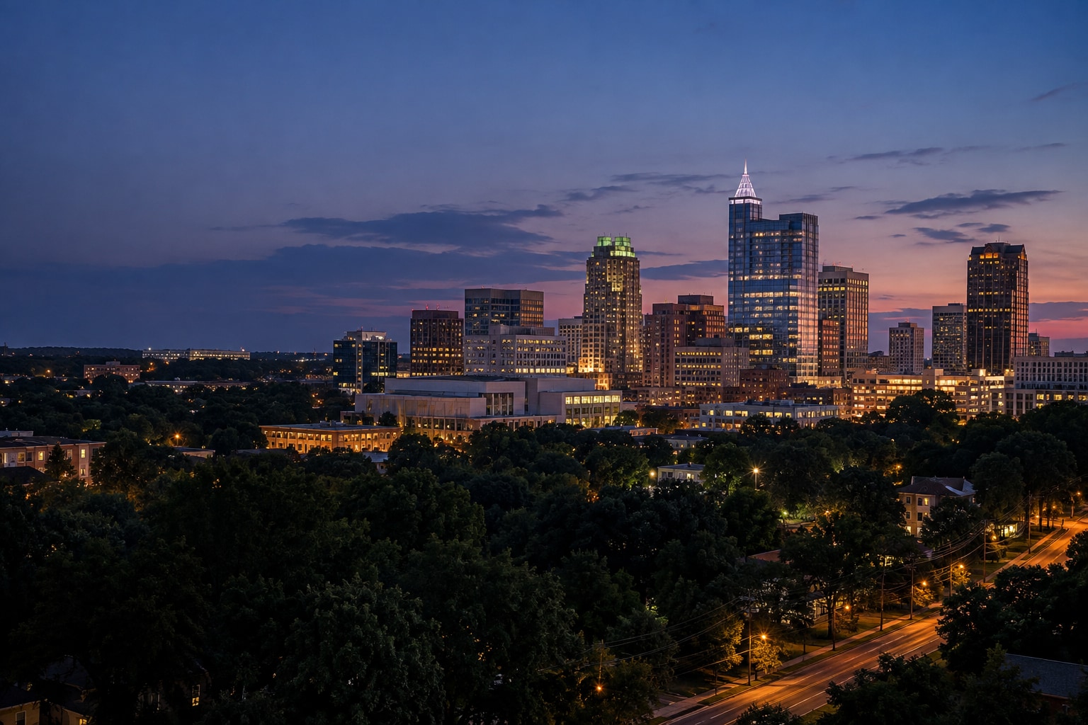 A generated photorealistic city view of Raleigh, North Carolina