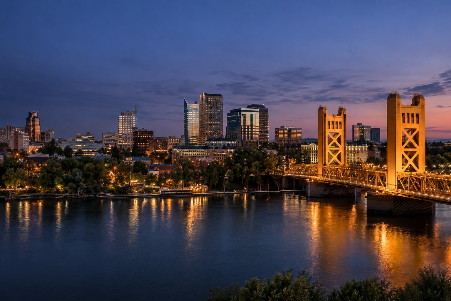 A generated photorealistic city view of Sacramento, California
