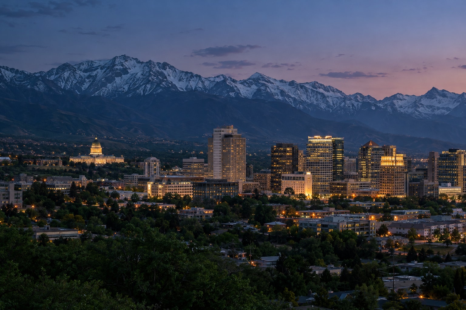 A generated photorealistic city view of Salt Lake City, Utah