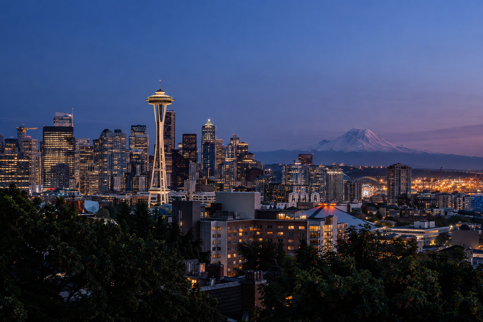 A generated photorealistic city view of Seattle, Washington