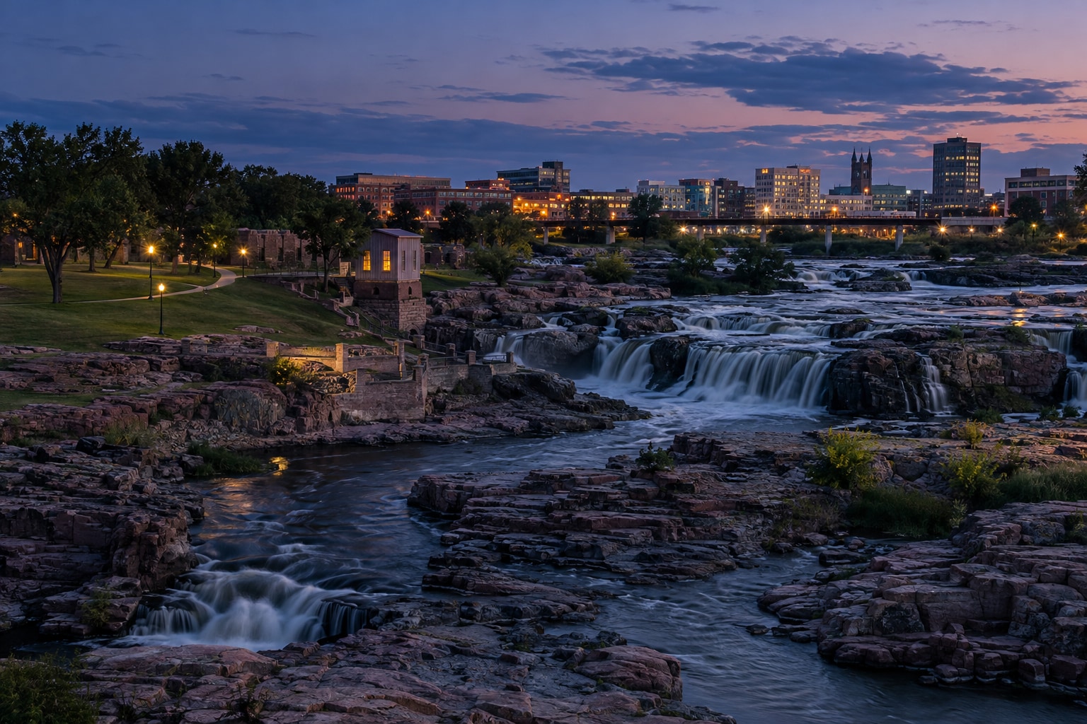 A generated photorealistic city view of Sioux Falls, South Dakota