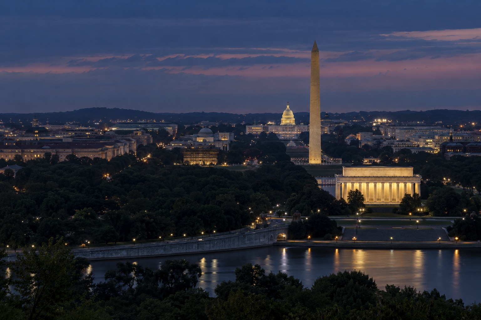 A generated photorealistic city view of Washington, DC, District of Columbia