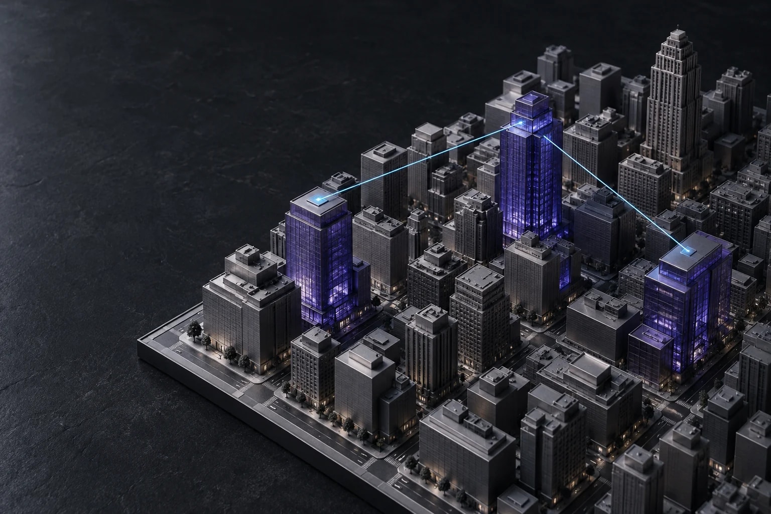A conceptual Manhattan-style architectural model with three connected violet buildings
