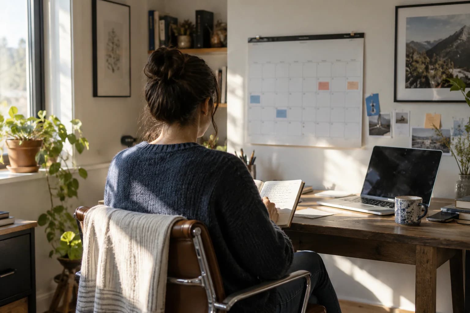 A person reviewing a monthly wall calendar and planning notebook.