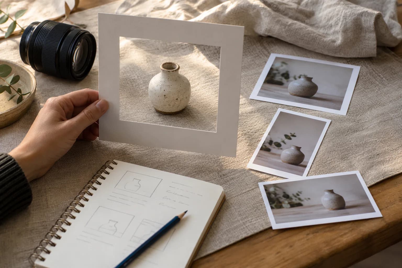 A hand checking a ceramic vase through a cardboard frame beside prints with different crops.