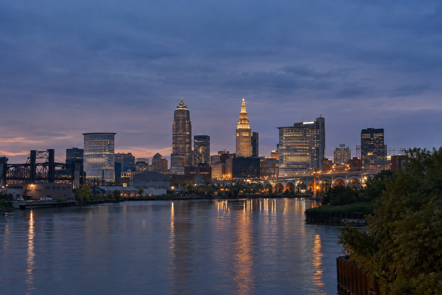 A generated photorealistic city view of Cleveland, Ohio